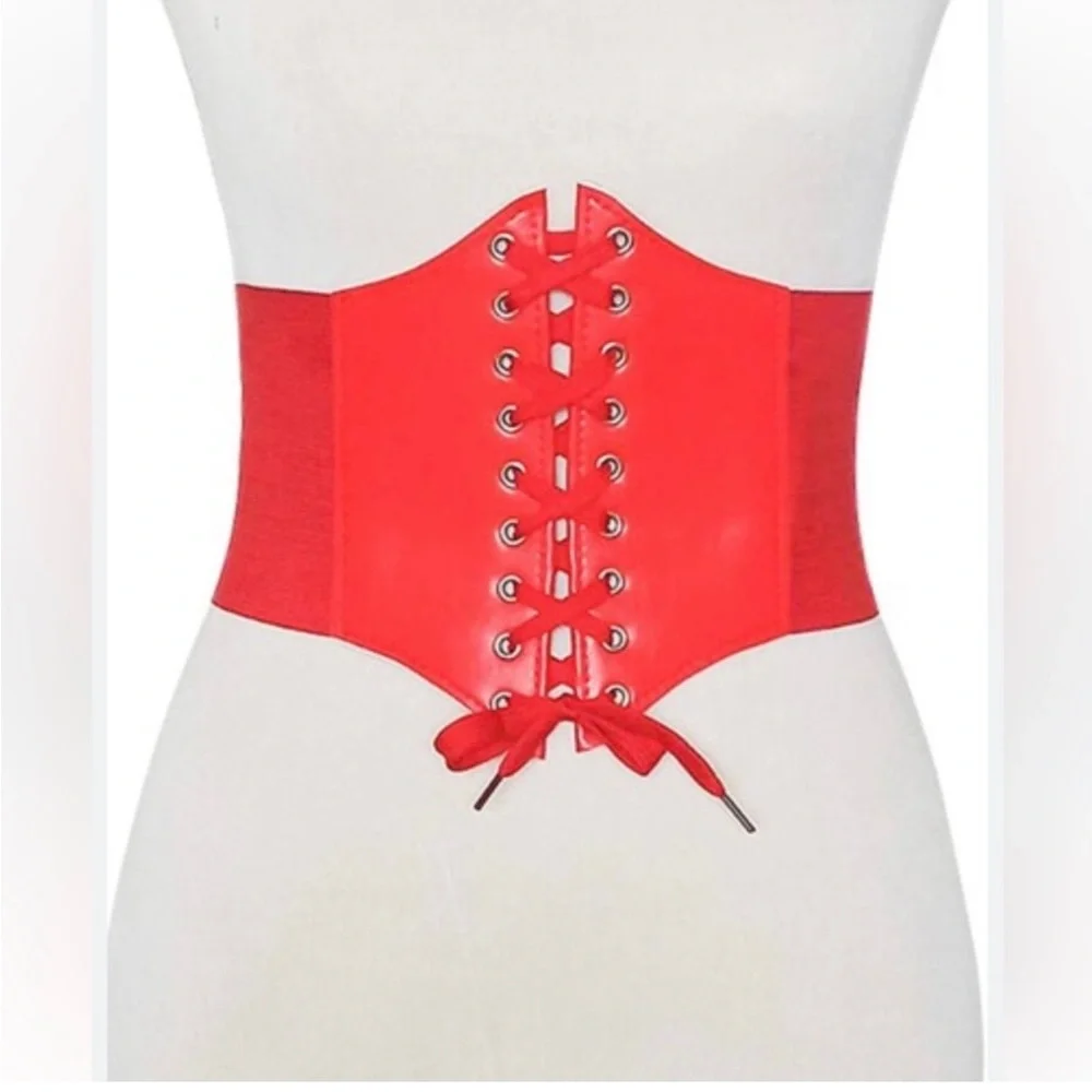Corset Style Wide Girdle Red Fashion Elastic‎ Faux Leather Skinny Elastic Belt